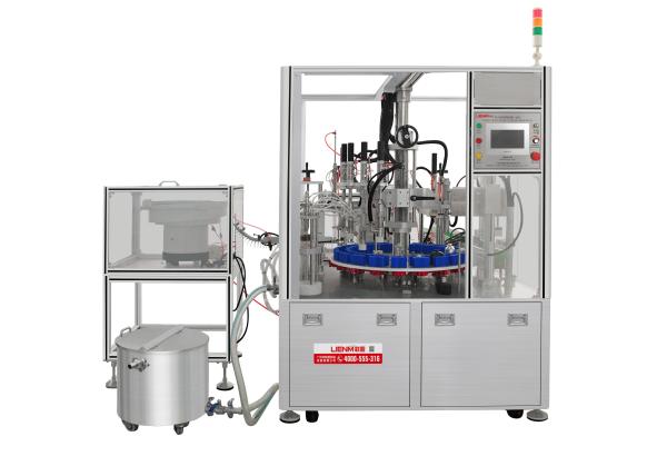 Automatic perfume filling machine filling crimping collaring machine with pump and collar feeder
