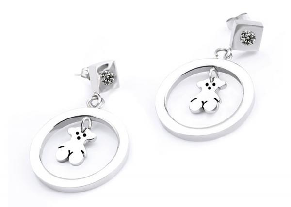 Popular Stainless Steel Dangle Earrings , Women Silver Round Diamond Drop