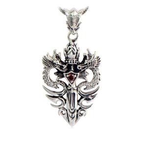 Sterling Silver Wheat Chain Necklace with Silver Vintage Double Dragon Dagger Amulet(N06030812-S)