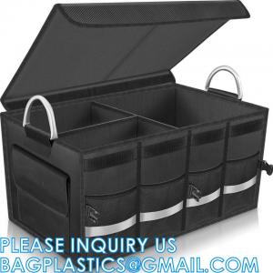 Trunk Cargo Organizer Durable Storage Collapsible Multi Compartments With Aluminium Alloy Handle Reflective Strip