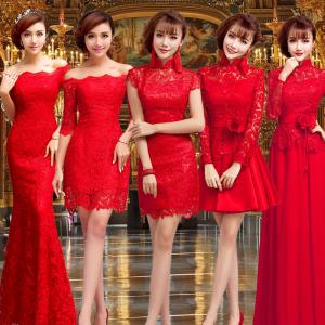 China Chinese Style Red Lace Bridal Dress Boat Neck Gorgeous Evening Dress TSJY094 supplier