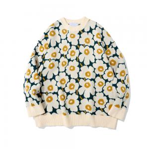 Floral Printing Bespoke Sweaters Round Collar Cotton Polyester Blend Sweaters