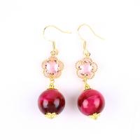 China 14MM Rose Red Tiger Eye With Pink Flower Charm Round Shape Short Drop Earring For Party Gift on sale