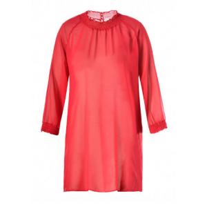 Red Ladies Plus Size Dresses With Collar And Smock Cuff In Chiffon Fabric