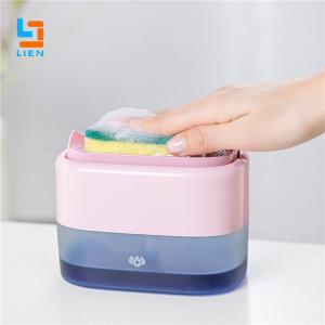 China Countertop Dishwashing Soap Dispenser With Sponge Holder 500ml Pink Blue Colors supplier