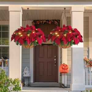 China Pre Lit Fake Poinsettia Hanging Basket With LED Lights OEM supplier