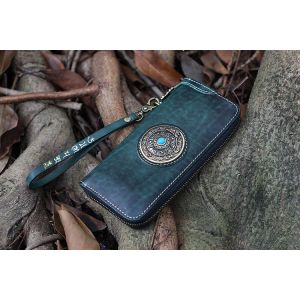 New Handmade Wallet Men And Women Long Zipper Bag Ethnic Style Vertical Genuine Leather Rotating Nine-Square Wallet Men And Women