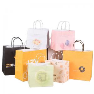 China Customized Logo Reusable Folding Shopping Kraft Paper Bag with and Hand Length Handle supplier