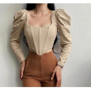 China Small Order Clothing Manufacturers Vintage Square Neck Long Puff Sleeve Boning Tunic Cropped Top supplier