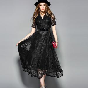 Black wholesale  Belted Lace Dress for Women Clothing with zipper