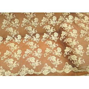 Gold Retro Scalloped Corded Lace Fabric , Polyester Embroidered Floral Tulle Fabric