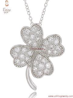 Beautiful lucky Four Leaf Clover Sterling Silver CZ pendant with white rhodium