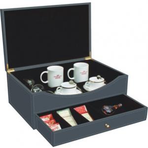 China PU Hotel Leather Products Tea Set Coffee Mug Packet Tray With Drawer And Lid supplier