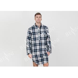 Mens Woven Cotton Brushed Twill Yarn Dyed Long Sleeve Nightshirt Button Placket Embroidery Curved Hem