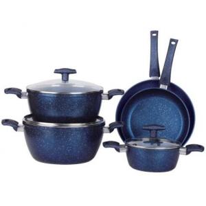China 8PCS heat resistant nonstick blue marble inside and outside coating Aluminum cookware set with saucepot supplier
