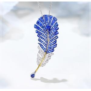 China Brooch Sapphire Virgo Necklace 0.25ct Diamond Feather Pendant supplier