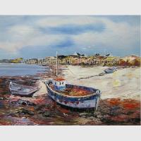 China Hand Painted Fishing Boats Oil Paintings, Abstract Canvas Painting on Beach on sale