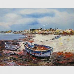 China Hand Painted Fishing Boats Oil Paintings, Abstract Canvas Painting on Beach supplier