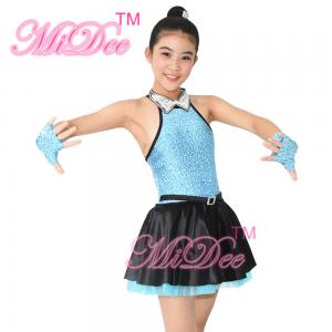 Fancy Girls Jazz Dance Dress Spandex Fabric Bodice With Rhinestones Chocker Collar