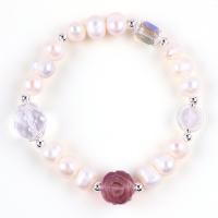 China Natural Freshwater Pearl Bracelet Elastic With Purple Fluorite Rose Flower Carving on sale