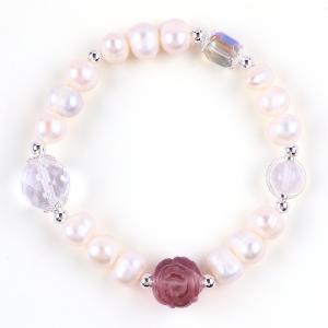 Natural Freshwater Pearl Bracelet Elastic With Purple Fluorite Rose Flower Carving