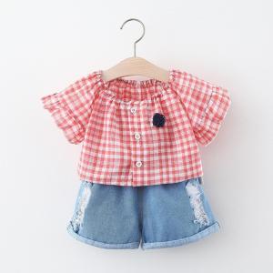 China 39in Plaid Suit Cute Children'S Outfit Sets Clothes Denim Shorts Oem Short Sleeved supplier