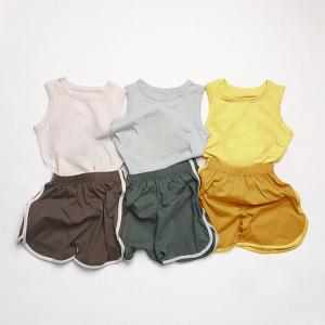 China Little Girl Boy Two Pieces Jersey Tank Top Set Cotton Summer Tee & Shorts Printed supplier