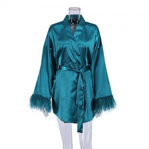 OEM maufactory  Autumn Pajamas Sexy Bath Long Sleeved Feathers Satin Robe Pure Color French Leisure