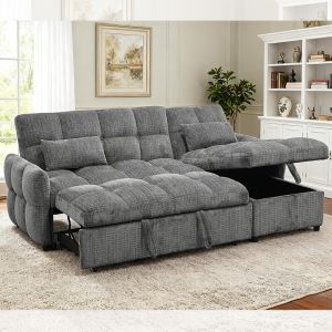 China L-Shaped Sectional Sleeper Sofa with Pull-Out Bed and Adjustable Backrest and Storage Chaise, Gray Chenille wholesale