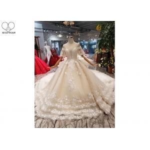 Female Princess Grace Wedding Dress Half Sleeve Beaded Net Three Layer Lace Tail