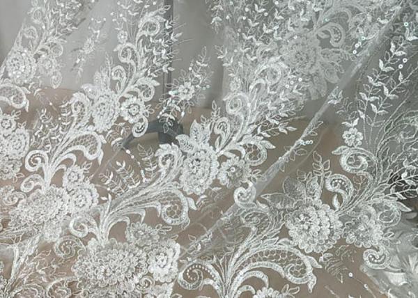 Embroidered Floral Sequin Tulle Lace Fabric For Bridal Couture Polyester Nylon