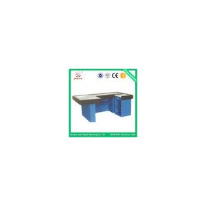 Blue Supermarket Checkout Counter With Conveyor Belt ISO9001 Stainless Steel Cash Counter