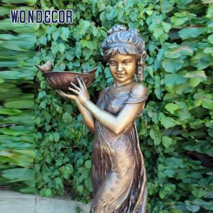 Customized outdoor garden decoration, life-size bronze statue of a bird feeding girl