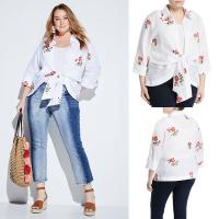 China Embroidered Tie-Front Plus Size Korean Fashion Design Linen Women Blouse Ladies on sale