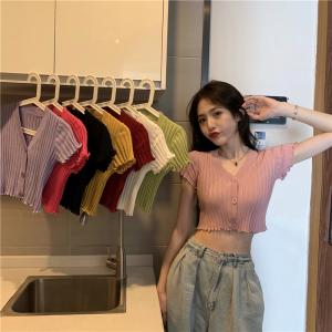 China Summer V Neck Women Crop Top , Single Breasted Short Sleeve Knit Crop Top on sale 
