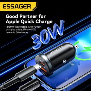 ESSAGER ES-CC12 30W Type C USB A Phone Car Charger Fast Charging QC3.0 PD3.0