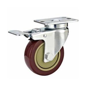China medium duty 4&quot; swivel red PU caster front brake, 4x1 1/4“swivel polyrethane castor total brake, 100X32mm caster wholesale