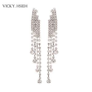 VICKY.HSIEH Wedding Bridal Silver Tone Cystal Rhinestone Tassel Dangle Earrings for Women