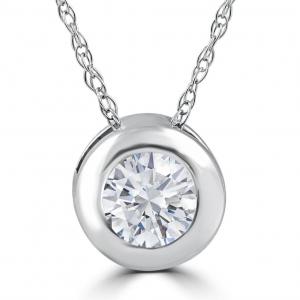 1/4 Ct Round CZ Solitaire Bezel Pendant Necklace 18" 14k White Gold