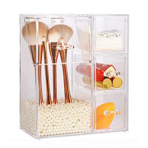 Clear Display Acrylic Makeup Brush Holder With Lid Pearl Cosmetic Storage Organizer