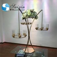 China Black Gold Metal Wedding Flower Stand With Three Branch Hanging Candle Holder on sale