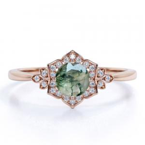 Vintage Design 4 Prong Round Shape Milky White Druzy Moss Green Agate And Moissanite Floral Cluster Engagement Ring