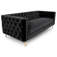 China Black velvet fabric button tufted 3 seat sofa with 4 golden brass metal leg for wedding,living room rental sofa on sale