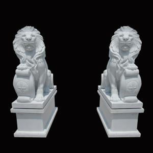 White Garden Cast Iron Decor Carved Stone Pair Animals Lion Polished Finishing