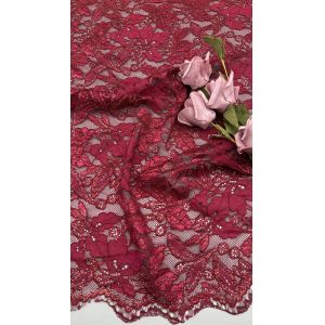 Red Embroidered Lace with Spark Precision Leafy Romantic Fabric for Party Gowns