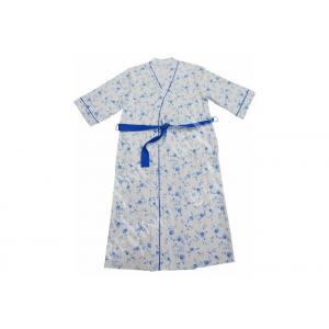 China Ladies Cotton Jersey Blue Floral Printed Bath Robe Kimono Wrap Blue Piping 3/4 Sleeve supplier