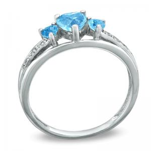 Heart Shaped Blue Topaz and CZ Accent Three Stone Promise Ring 10K White Gold