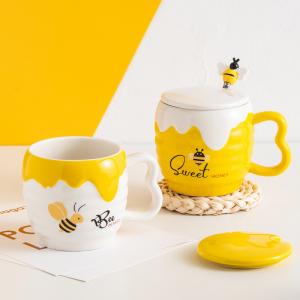 Cartoon Bee Ceramic Coffee Mug With Lid Pottery Office Breakfast Cup Porcelain Latte Cups