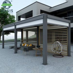 China Bioclimatic Motorized Outdoor Pergola with Rain Wind Sensor and PVDF Powder Coated Customized Colors wholesale