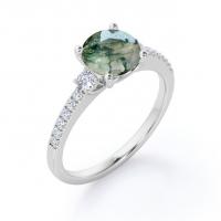 China Round Shape Natural Transparent Dendritic Moss Green Agate And Moissanite 3-Stone Engagement Ring on sale